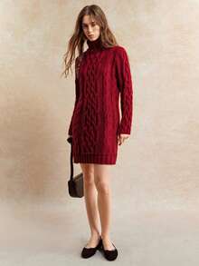 Écloséra Women's Turtleneck Straight Fit Loose Knit Sweater Dress, Simple & Versatile Fashion - Burgundy - View 5