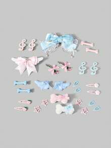 ROMWE Kawaii 28款随机可爱风粉色蓝色发夹，手工翅膀骨头星星蝴蝶结草莓樱桃音符元素组合小发夹 - 粉白 - 查看 1