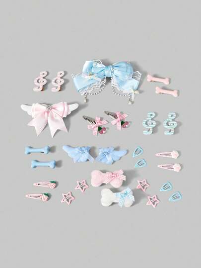 ROMWE Kawaii 28 Random Styles Cute Wind Pink Blue Hairpin, Handmade Wing Bone Star Bow Strawberry Cherry Music Note Element Combination Small Hairpin
