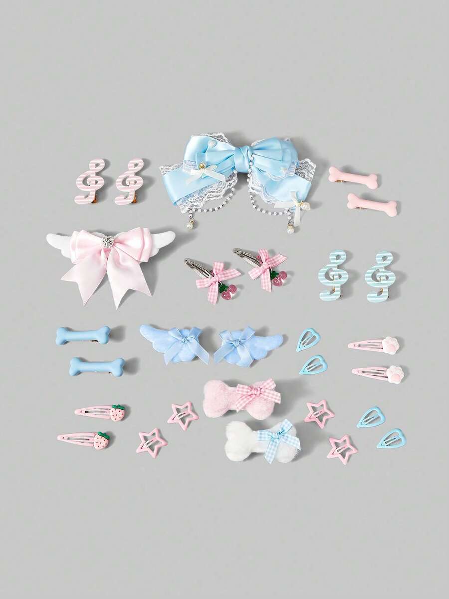 ROMWE Kawaii 28款随机可爱风粉色蓝色发夹，手工翅膀骨头星星蝴蝶结草莓樱桃音符元素组合小发夹 - 粉白 - 查看 1