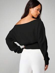 MISSGUIDED Off Shoulder Knit Sweater With Ribbed Hem And Cuffs Long Sleeve Pullover Crop Top For Fall Winter - Black - View 2