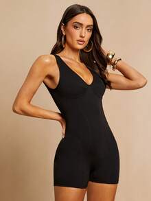 Silquee Bộ áo liền quần nữ cổ chữ V màu trơn dáng thường ngày - màu đen - Xem 5