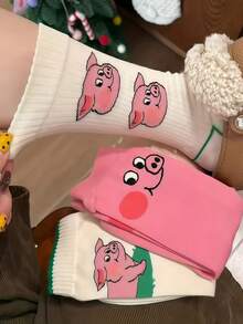 Joivida 秋冬季趣味卡通小猪可爱中筒袜，舒适保暖动物图案新奇袜子，女士女孩柔软船袜，送礼佳品，潮流时尚袜子，卡哇伊设计，舒适弹力袜 - 彩色 - 查看 3