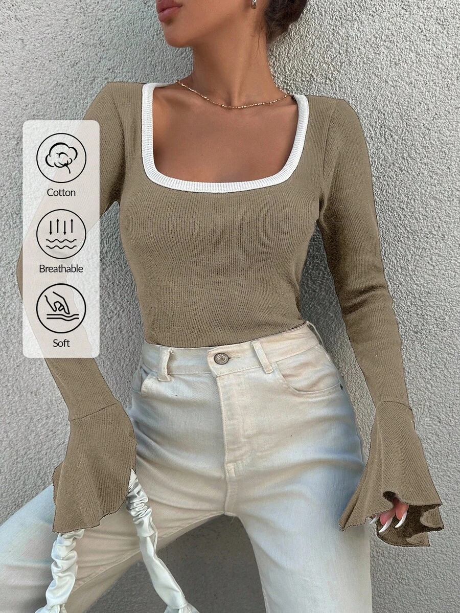 EURMUSE Cotton Contrast Binding Flounce Sleeve Tee - Beige - View 1