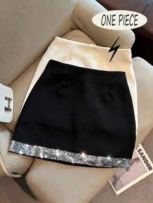 Franclia 时尚高端亮片拼接紧身迷你裙，高腰显瘦女裙，春夏款 - 黑色 - 查看 1