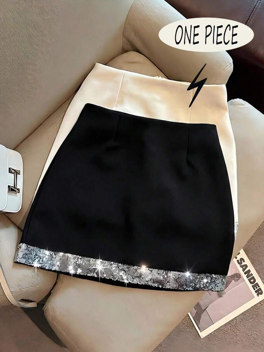 Franclia 时尚高端亮片拼接紧身迷你裙，高腰显瘦女裙，春夏款 - 黑色 - 查看 1