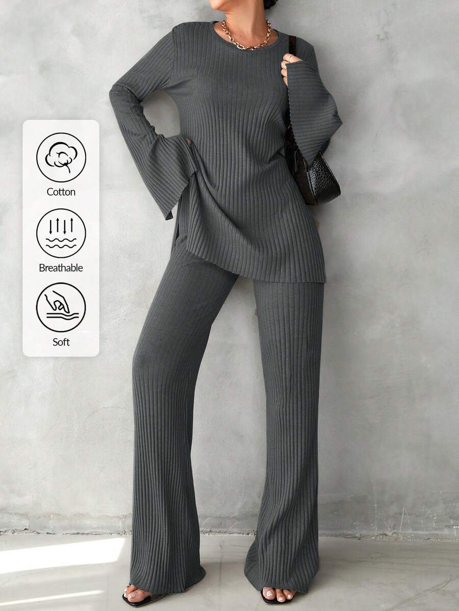 EURMUSE Cotton Solid Split Hem Tee & Flare Leg Pants - Grey - View 1