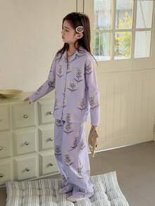 DAZY Tween Girl Floral Print Long Sleeve Button-Up Pocket Top And Pants Pajama Set Spring - Purple - View 3
