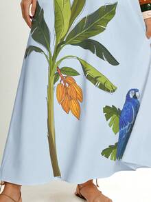 CAJUNI 女士度假棕榈树字母印花高腰口袋中长裙 - 淺藍色 - 查看 7