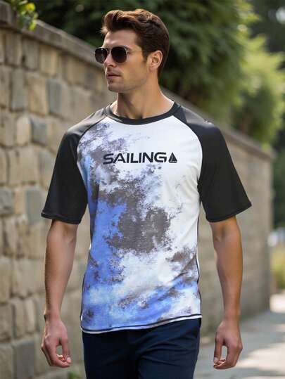 Manfinity Swimmode Summer Men's Vacation Beach Colorblock Printed Patchwork Rash Guard Swimwear Mens Rash Guard Shirt Sailing Print Shirt Mens Swimming Shirt Mens Surf Shirt Mens Summer T-Shirt