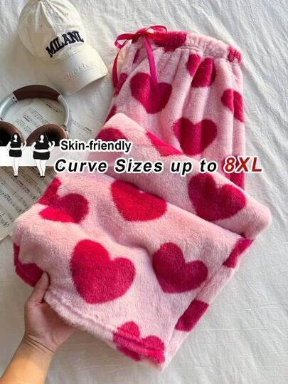 SHEIN CURVE+ CURVE PLUS /Alla hjärtans dag/Plus size kvinnor casual dragsko byxor med hjärtmönster, plyschiga hjärtmönster pyjamasbyxor/vinterrosa hjärtmönster/2026 /Nyår Casual klädsel och alla hjärtans dag kläder
