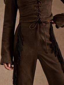 SHEIN BAE 复古流苏系带修身女裤 - 摩卡棕 - 查看 6