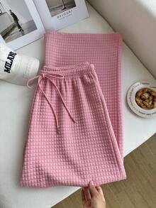 Comfortcana Quần dài kẻ caro in họa tiết tổ ong cỡ lớn, có dây rút, thích hợp mặc hàng ngày và mặc khi trở lại trường, mùa thu/đông - Hồng - Xem 4