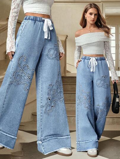 Selenza Jeans rectos de diseño holgado con bordado calado y elástico para mujer