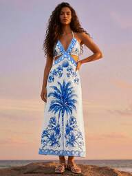 CAJUNI A Halter-Neck, Openwork Long Dress With A Dreamlike Ceramic Tile Print.