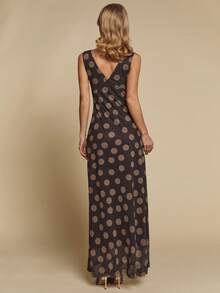 COSMINA 女士优雅通勤波点印花无袖连衣裙，V领设计，弹力网纱印花图案，棕色波点图案，优雅长款连衣裙，鸡尾酒会礼服，约会礼服，情人节礼服，婚礼宾客礼服 - 彩色 - 查看 5