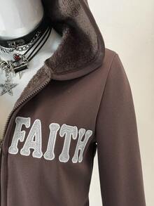 Jeanoix Women's Casual Letter Embroidered Thermal Lined Zip-Up Sweatshirt, Autumn - Multicolor - View 5