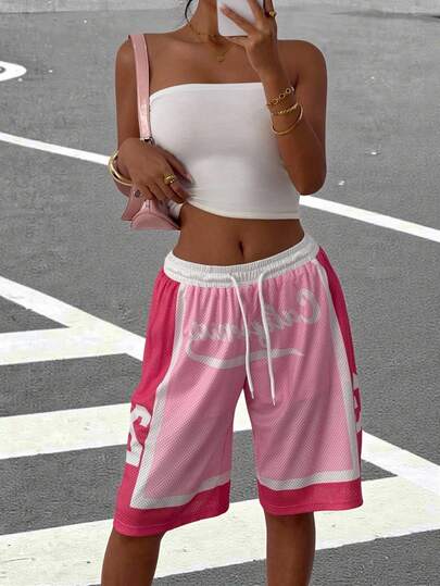 SHEIN EZwear Women's Casual Sports Style Drawstring Waist Letter Print Contrast Color Loose Shorts,Bohemian Clothes
