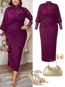 Firerie Vestido de manga larga con pliegues en la cintura y adornos de strass, elegante y de talla grande, para otoño - Rojo violeta - Ver 1