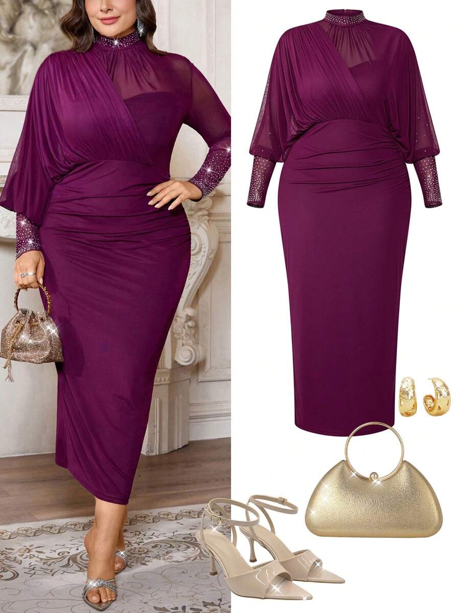 Firerie Vestido de manga larga con pliegues en la cintura y adornos de strass, elegante y de talla grande, para otoño - Rojo violeta - Ver 1