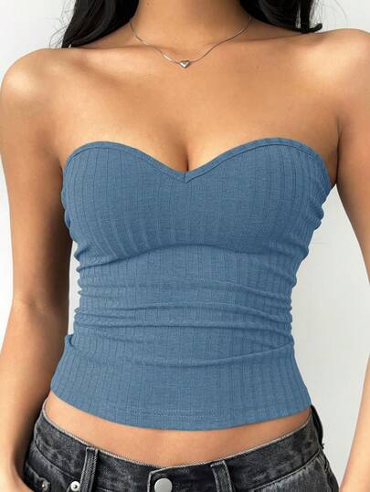 SHEIN BASICS Casual Solid Color Knit Fitted Tube Top For Women