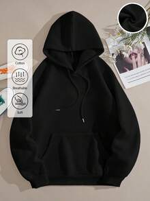 EURMUSE Women's Solid Color Fleece Lined Drawstring Hoodie - Black - View 1