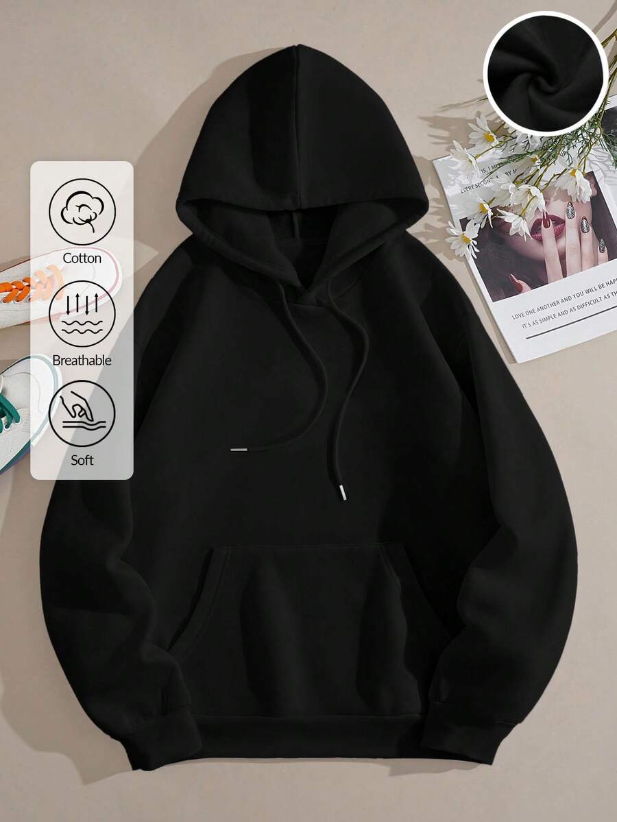 EURMUSE Women's Solid Color Fleece Lined Drawstring Hoodie - Black - View 1