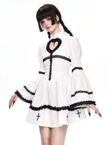 ROMWE Gothic Heart Cross A-Line Contrast Lace Trim White Lolita Dress - White - View 5
