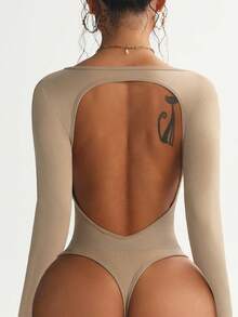 Slayform Backless Solid Color Long Sleeve Jumpsuit, Minimalist Fashion For Summer - Apricot - View 7