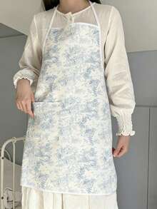 High-End Delicate Apron, Premium Feel, Youthful Style, Ink Painting Design, Vintage Korean Style, Waterproof And Oil-Resistant, Blue Trimmed, Korean Export Apron - Multicolor - View 8