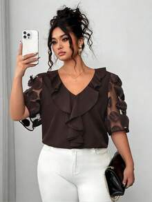 Elenzga 大码女式薄纱泡泡袖纯色V领荷叶边下摆上衣，夏季 - 咖啡棕 - 查看 1