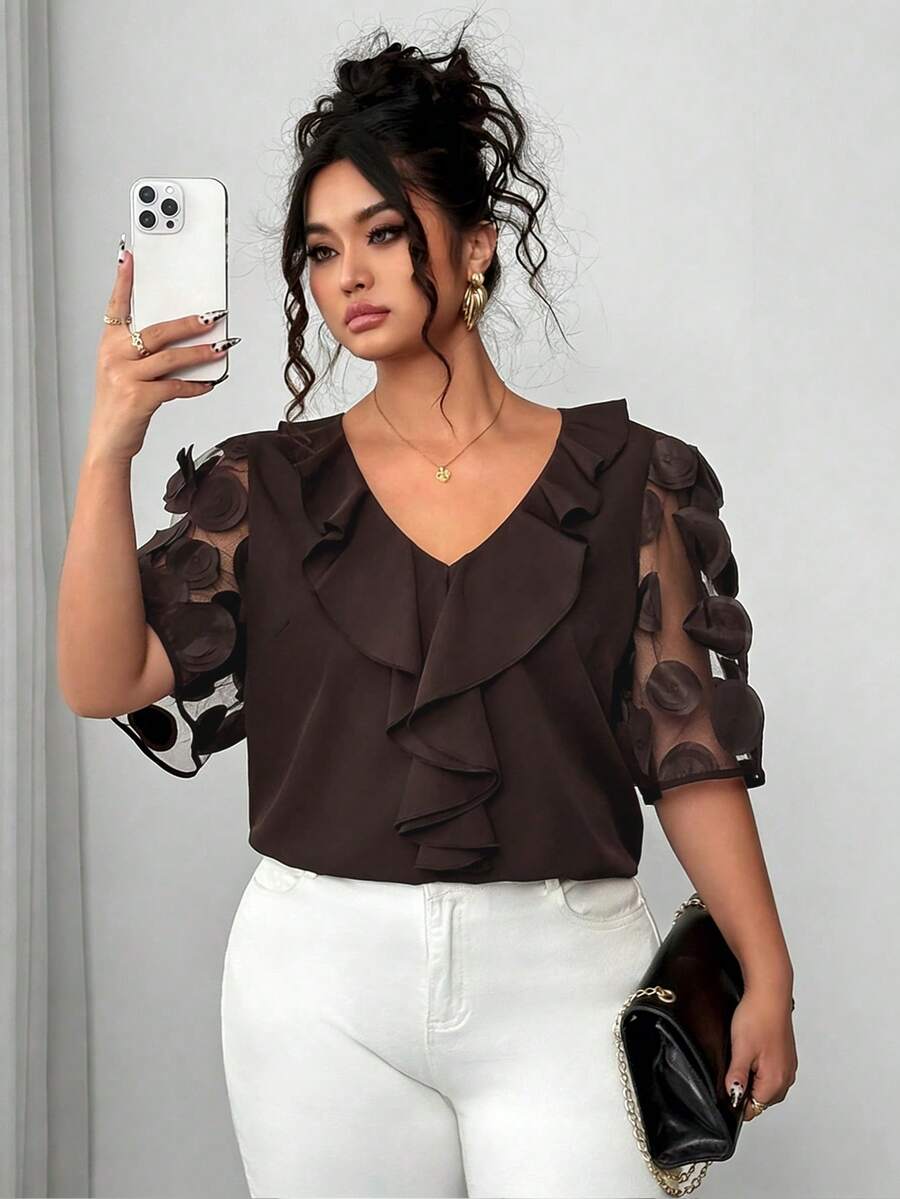 Elenzga 大码女式薄纱泡泡袖纯色V领荷叶边下摆上衣，夏季 - 咖啡棕 - 查看 1