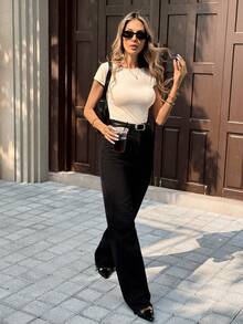 Pariaura Elegant Women's Cream Cap Sleeve Texture Pattern T-Shirt With Bow Knot Back Detail Round Neck Casual Regular Fit Top - Multicolor - View 7