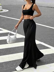SHEIN EZwear 音樂節款式流蘇高開叉寬腿褲和無縫方領背心套裝 - 黑色 - 查看 4