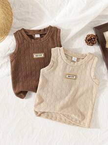 SHEIN 2件套男婴夏季时尚新款透气网眼镂空设计无袖背心套装 - 棕色 - 查看 1