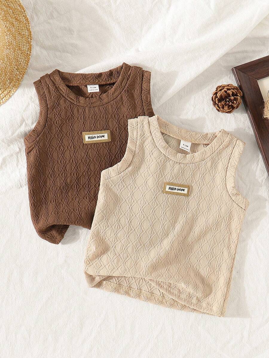 SHEIN 2件套男婴夏季时尚新款透气网眼镂空设计无袖背心套装 - 棕色 - 查看 1