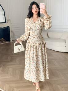Feyla Elegant Ditsy Floral V-Neck Long Sleeve Dress For Women Yellow French Style Dresses - Multicolor - View 5