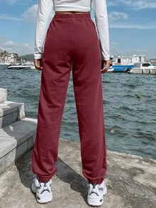 EURMUSE Women's Casual Solid Color Drawstring Waist Side Pocket Sweatpants Gym Burgundy Summer - Burgundy - View 3