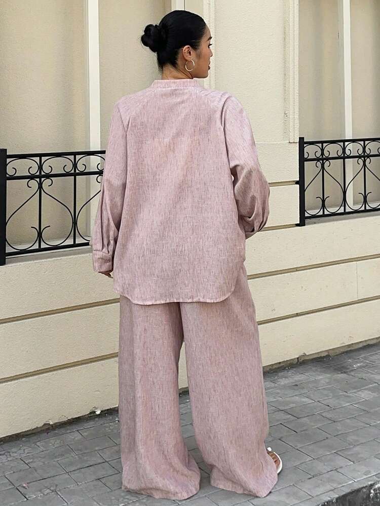 Dazy Plus Fashionable Casual Round Neck Loose Long Sleeve Cardigan Shirt & Wide Leg Long Pants 2 Pieces Set, Pink, Spring/Autumn Lounge Sets For Women