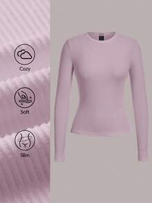 SHEIN BASICS Women's Casual Solid Color Knit Crew Neck Long Sleeve Fitted T-Shirt