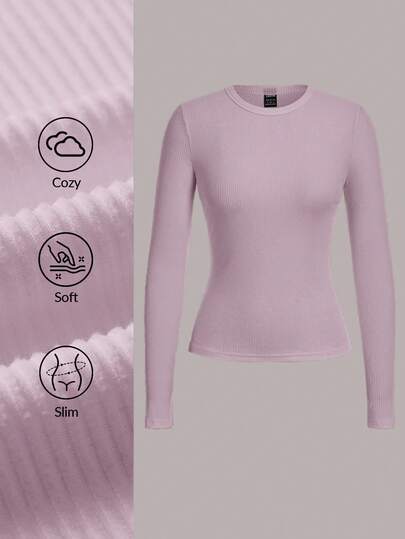 SHEIN BASICS Camiseta de manga larga de punto de cuello redondo ajustada de unicolor casual para mujer