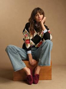 Rosivie Giày lười nữ đế bằng thời trang có nơ và tua rua. - Màu Hoa hồng đỏ - Xem 2