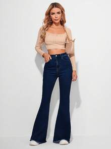 SHEIN LUNE Celana Jeans Vintage Model Flare dengan Pinggang Tinggi, Saku Miring, Ujung Bawah Belum Dikerjakan, dan Potongan Mengembang - Dark Wash - View 3