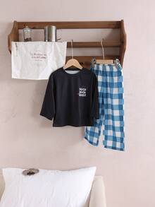 2pcs Toddler Boys Casual Dinosaur & Letter Print Round Neck Long Sleeve Top And Plaid Loose Pants Homewear Set Boys 2 Pcs Set Boys Sleep Wear Boys Pajama Boys Lounge Set Youth Boy Pajamas Young Boys Pajamas-2 Piece Pajama Set Duck Dinosaur Graphic Navy Round Neck Long Sleeve Top Blue White Checkered Pants Lightweight Stretchy Sleepwear Set Cozy Bedtime Loungewear Holiday Gift 2026 New Year Essential All Season Casual Playful - Black - View 6