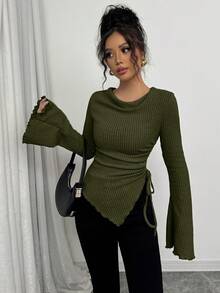 Selianne Women's Asymmetrical Hem Drawstring T-Shirt With Flare Sleeves, Ribbed Collar, Autumn/Winter - Army Green - View 4