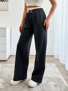 EURMUSE Drawstring Waist Pants - Black - View 3