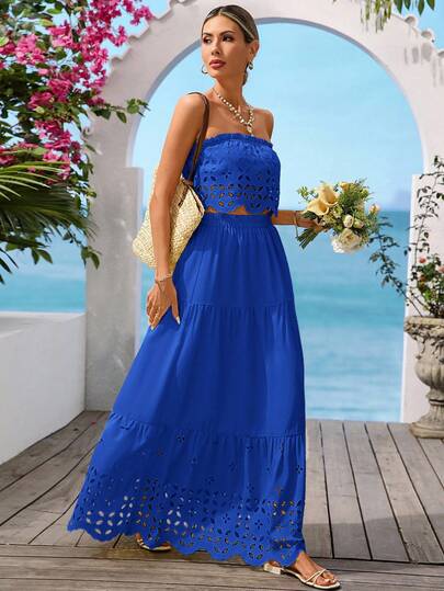 Vivid Eden Conjunto de 2 piezas de top tubo con volantes y dobladillo calado y minifalda de unicolor para vacaciones de mujer