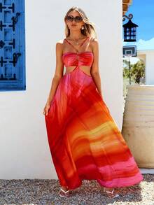 Vivid Eden 女士露背吊带镂空A字印花休闲度假连衣裙 - 粉色 - 查看 3