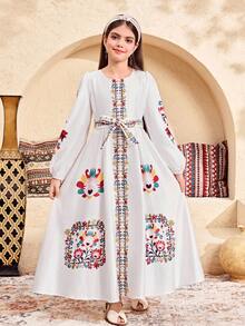 SHEIN 少女碎花灯笼袖宽松休闲连衣裙 - 杏色 - 查看 7