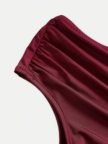 SHEIN Teens Girls' Red Knit Asymmetric Shoulder Ruched Waist Elegant Casual Snug Fit Dress, Suitable For Valentine's Day